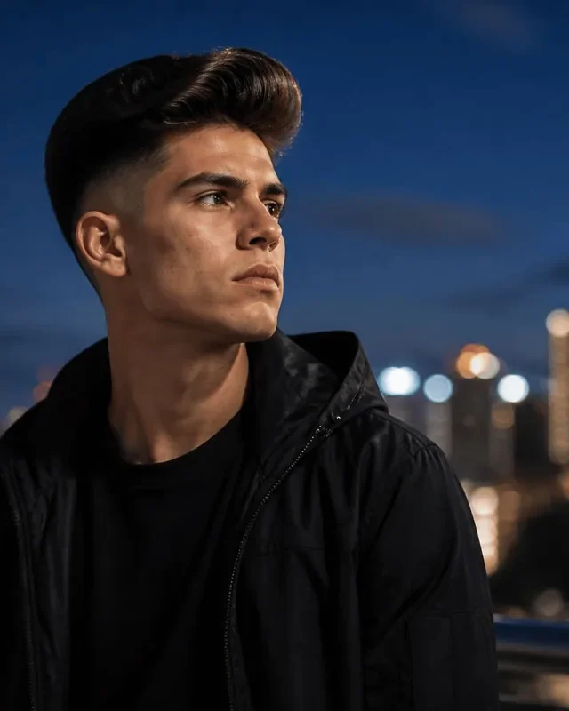 Young man with a tall drop fade pompadour on a rooftop at blue hour