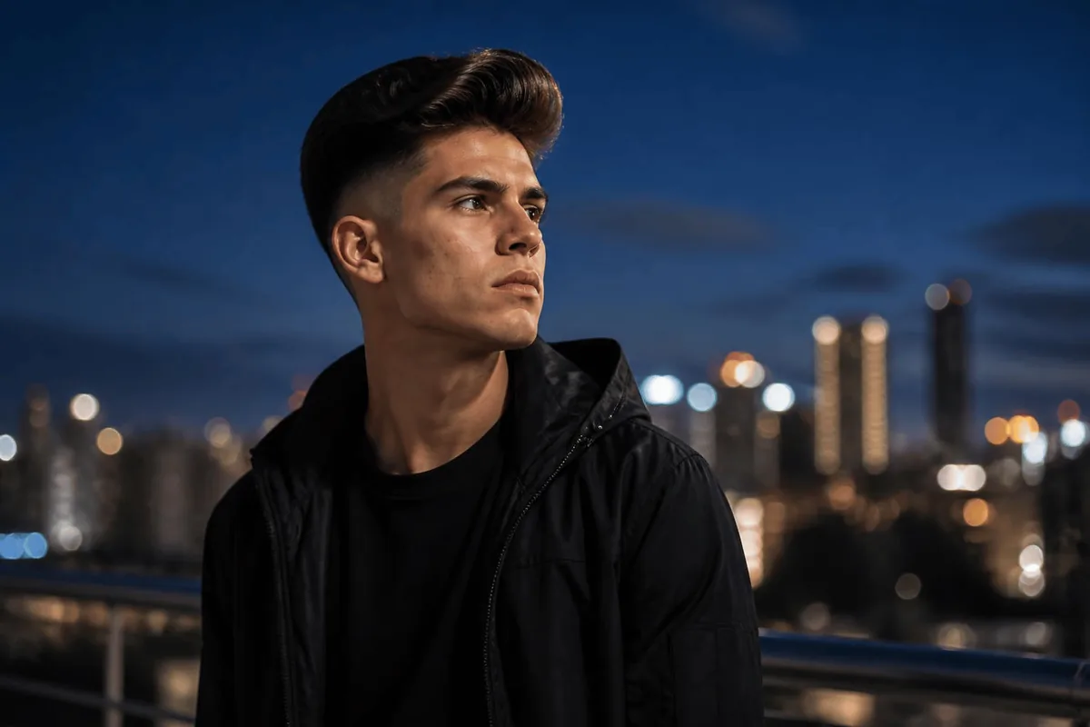 Drop fade pompadour brazilian rooftop blue hour