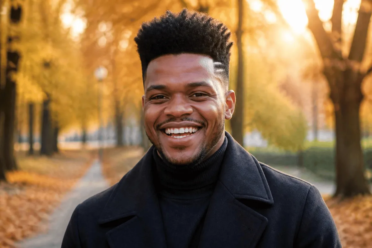 Drop fade pompadour coily volume autumn park