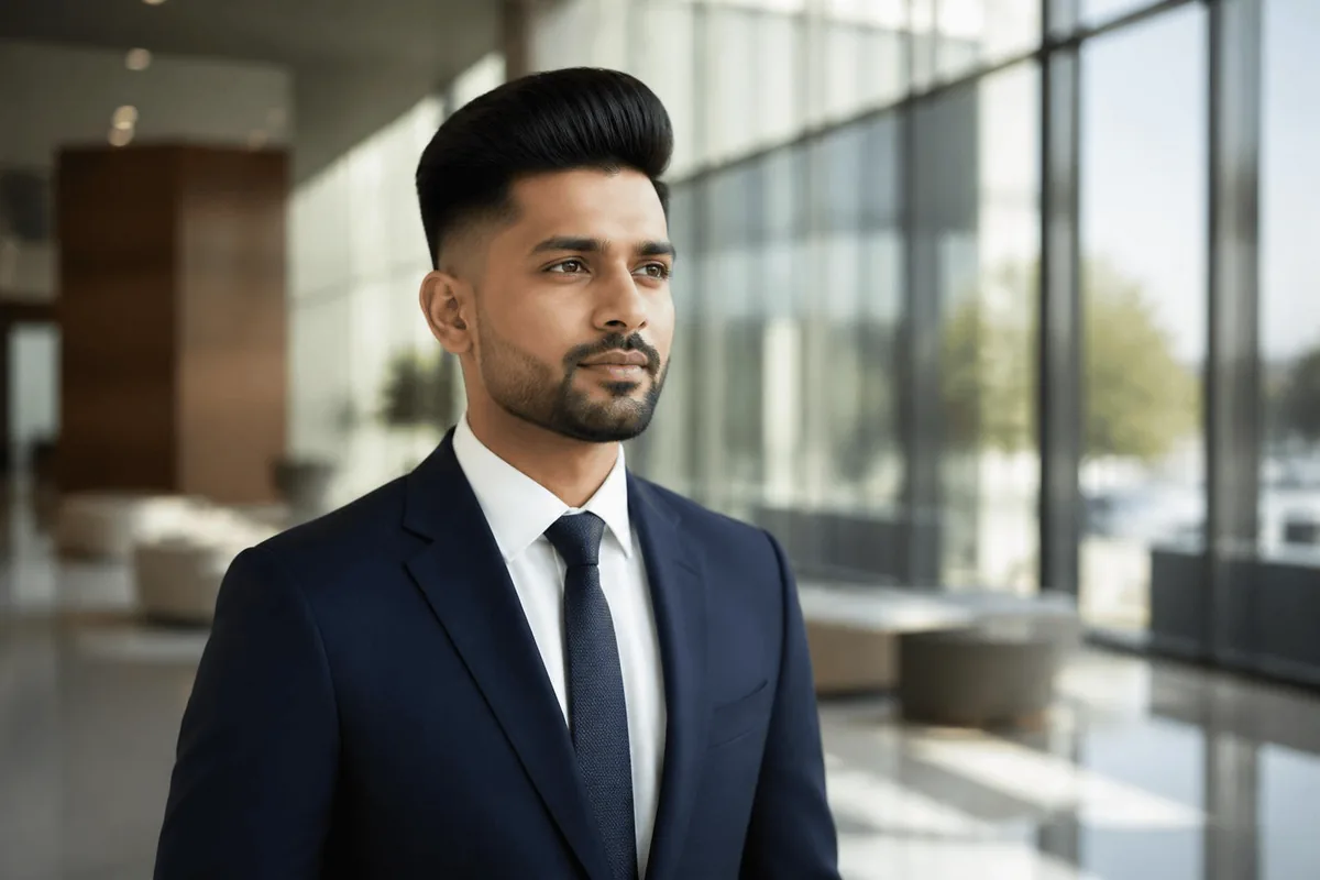 Drop fade pompadour navy suit office lobby
