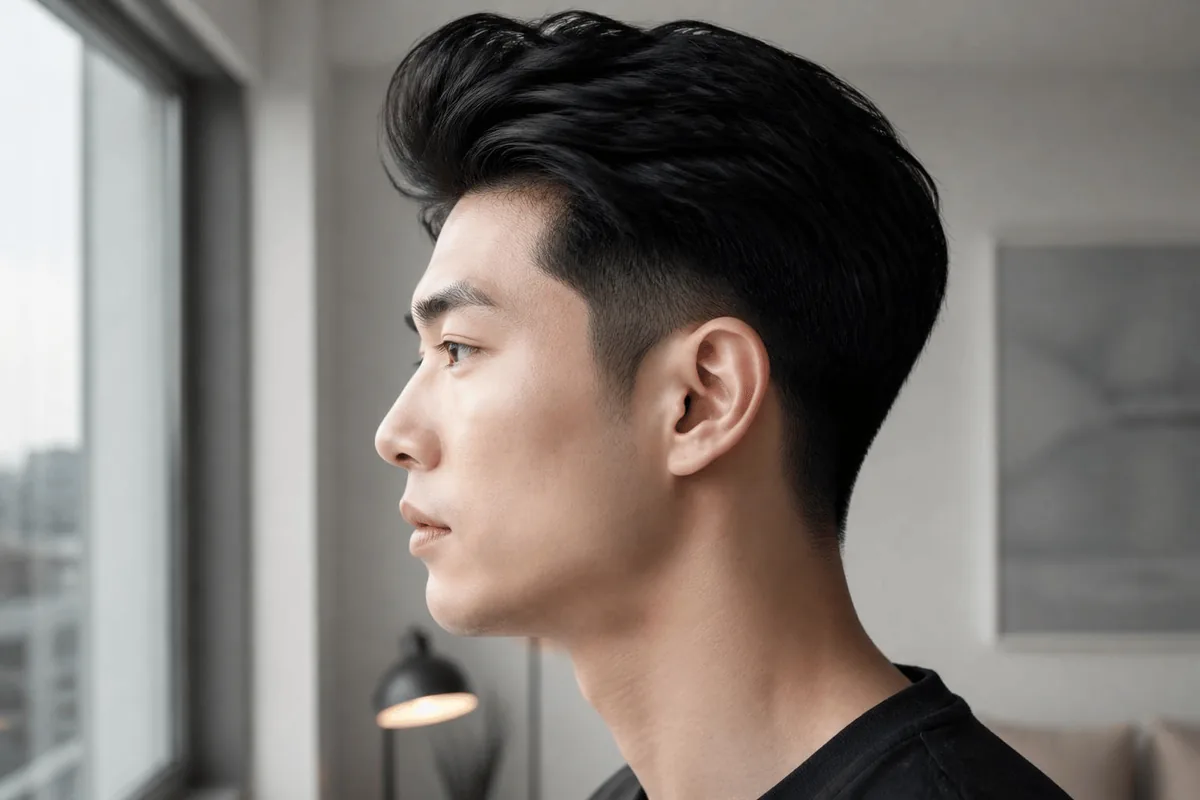 Drop fade pompadour side profile black hair