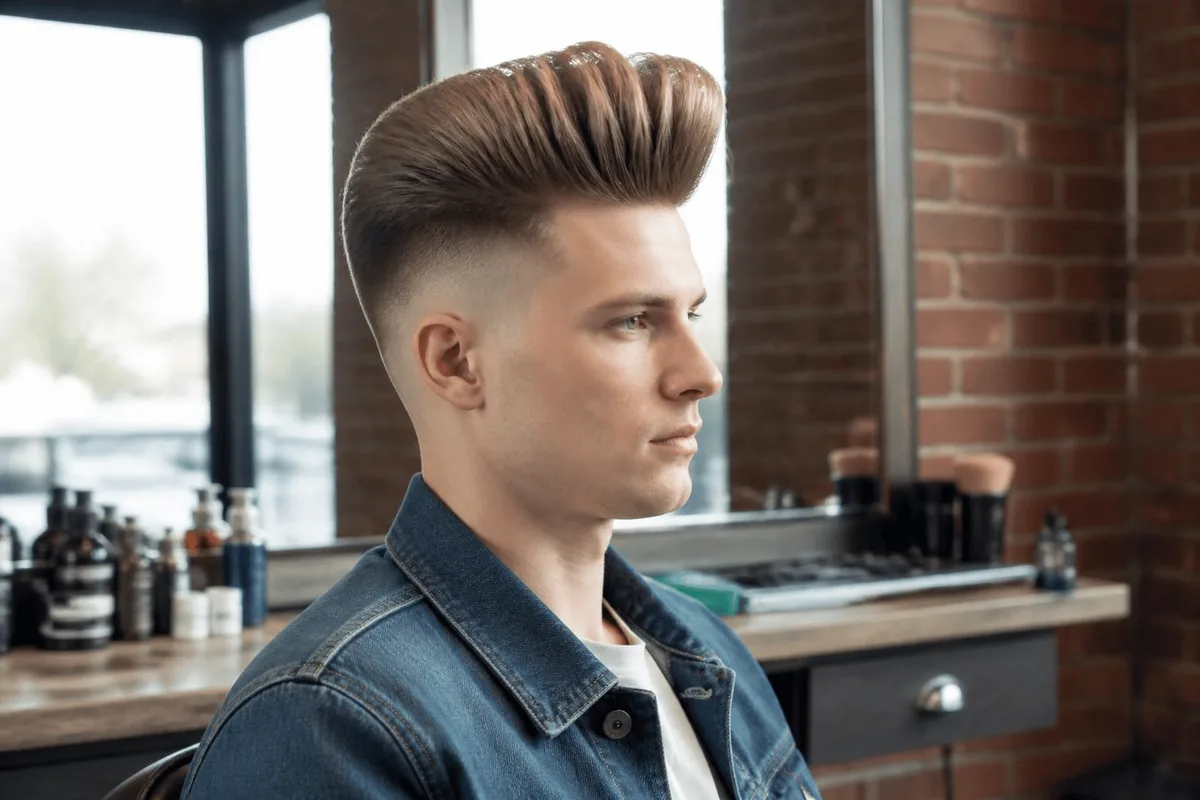 Drop fade with a tall pompadour styled with pomade and tight faded sides