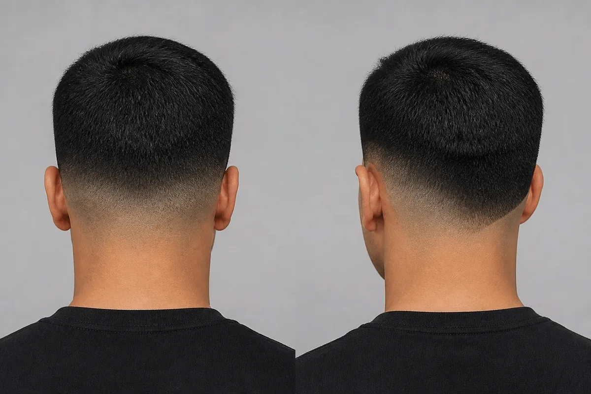 Drop fade vs straight fade comparison from the back showing the curved line and the level line