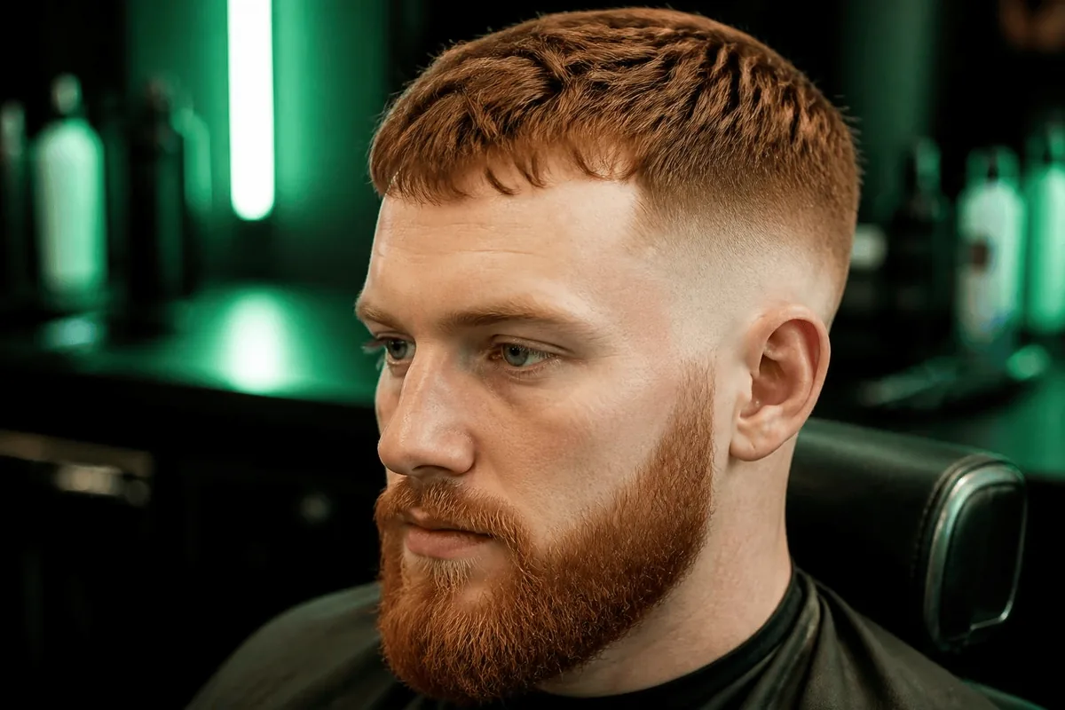 Drop fade with beard, faded sideburn blending into a trimmed ginger beard