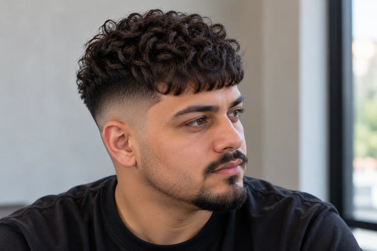 Man with curly hair and a French crop with a faded side and a crisp line-up