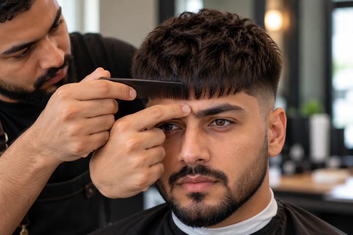 Close view of a French crop fringe ending just above the eyebrows showing the correct fringe length