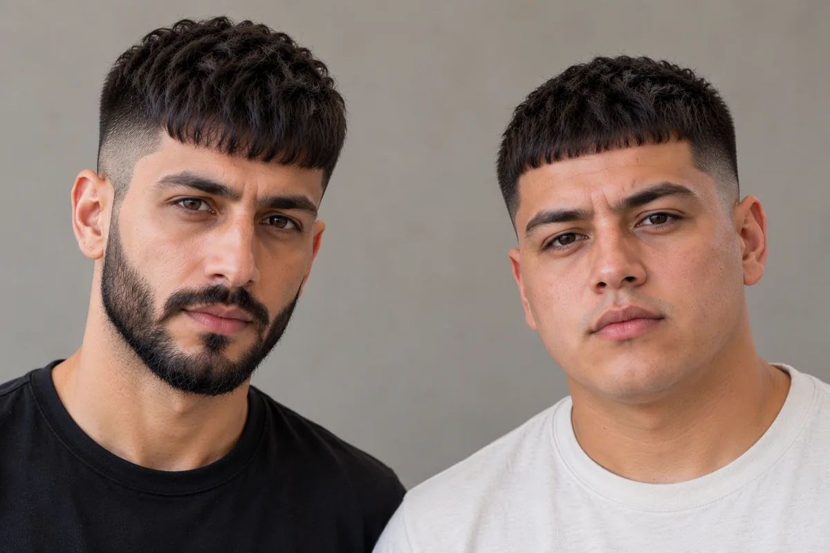 Two men side by side, one with a French crop and one with a Caesar cut, comparing fringe and top length