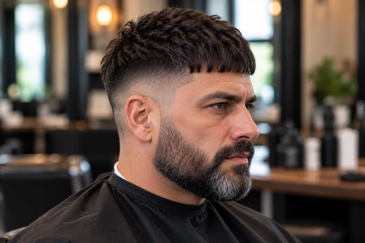 Man with a French crop, mid fade and full beard, side profile showing the blunt fringe and blended sides