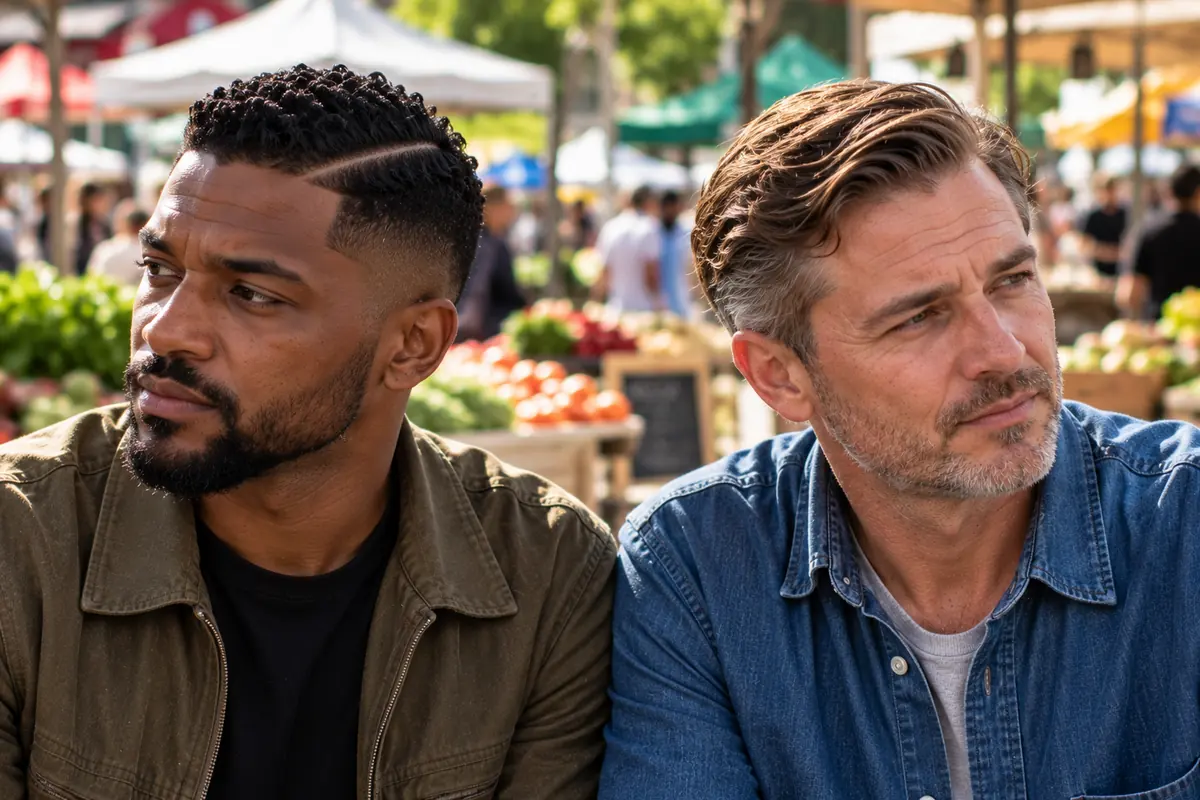 Two men side by side, one with a sharp razored hard part and one with a soft natural combed part