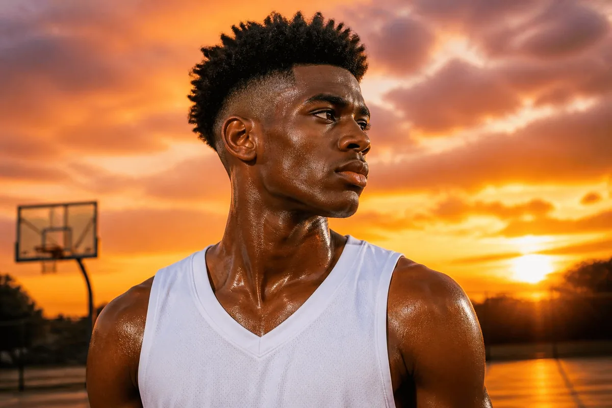 Young Black basketball player with a sharp jawline and a high drop fade standing on an outdoor court at sunset