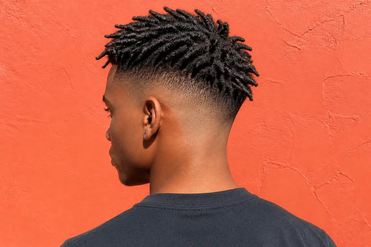 Back and side view of a high drop fade on a young Black man with short twists on top against a coral orange wall