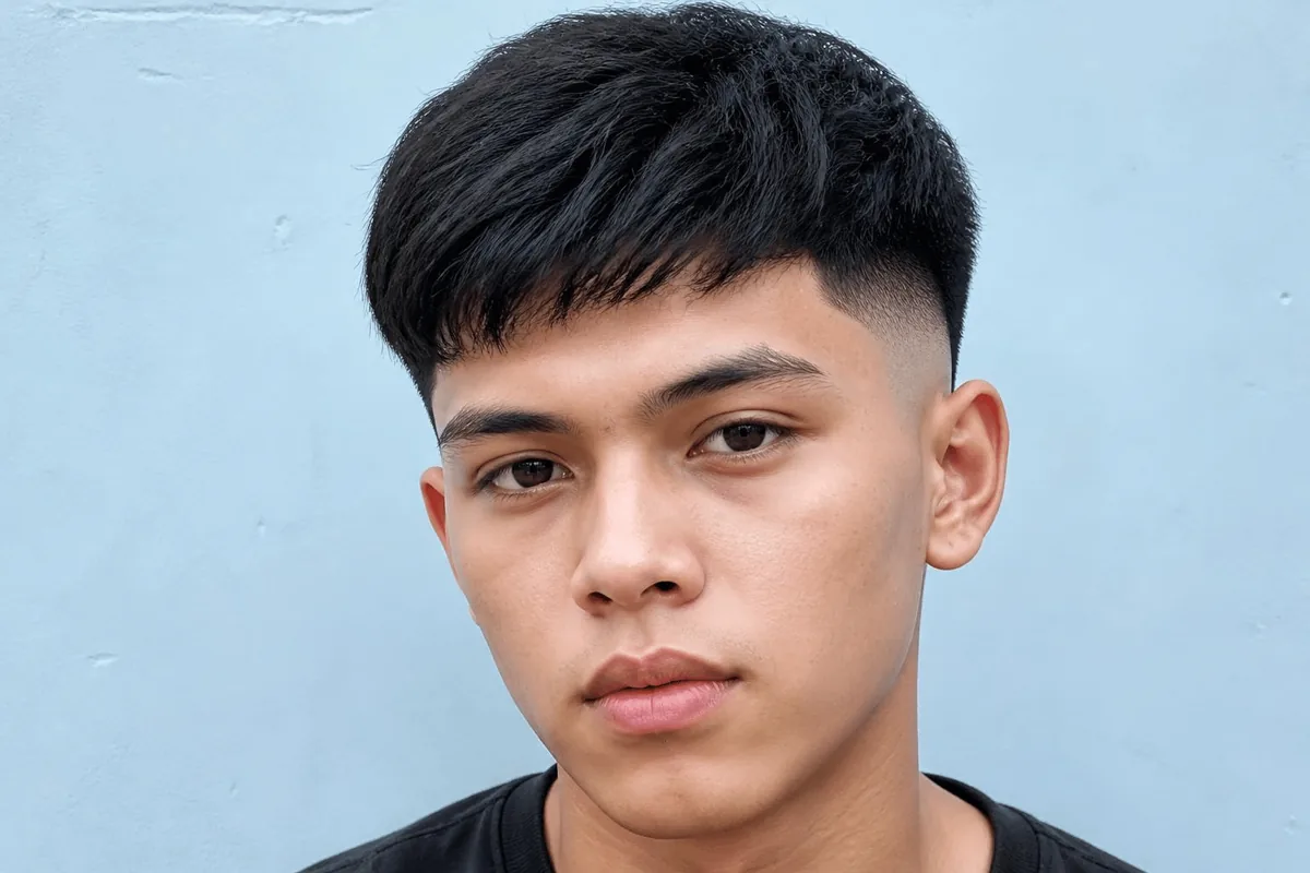 Front view of a high drop fade on a young Southeast Asian man showing the temple and hairline edge with a forward fringe