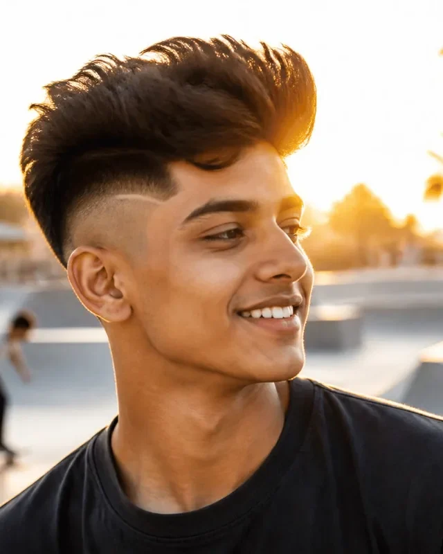 High drop fade with a tall textured quiff on a smiling South Asian teenager with a sharp jawline at a skate park at golden hour