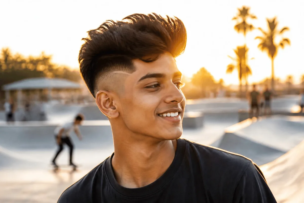 High drop fade quiff skate park sunset
