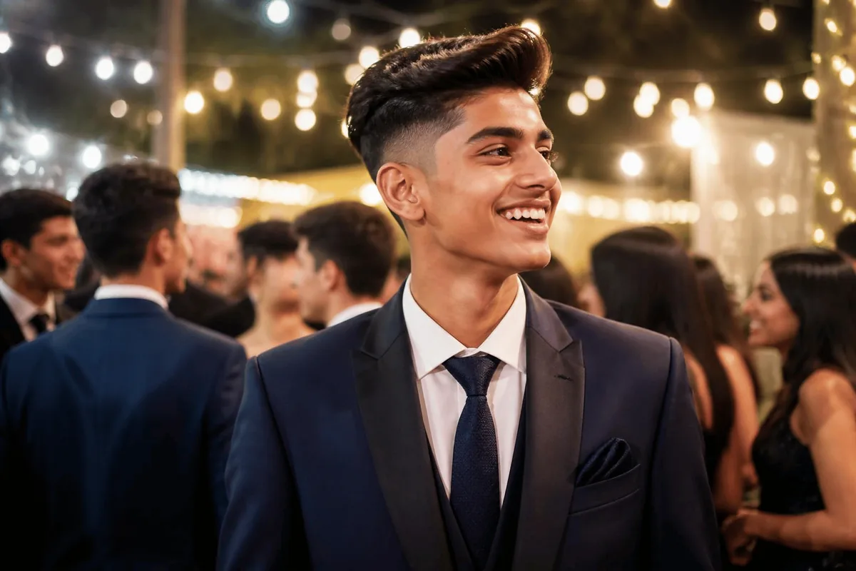 Smiling young Indian man in a navy suit with a high drop fade and a side-swept top at an evening event with string lights