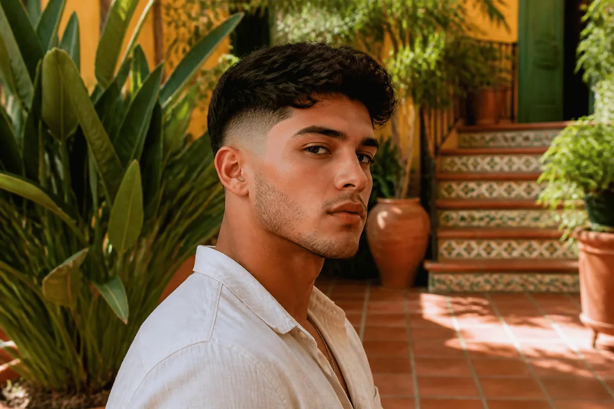 Young Latino man with light stubble blending into a high drop fade in a sunlit courtyard with terracotta tiles and plants