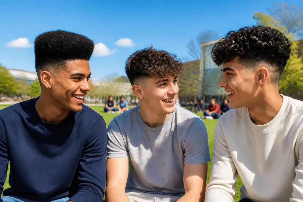 Three young men laughing on a campus lawn, each with a high drop fade and a different top: a high top, a messy fringe and curls
