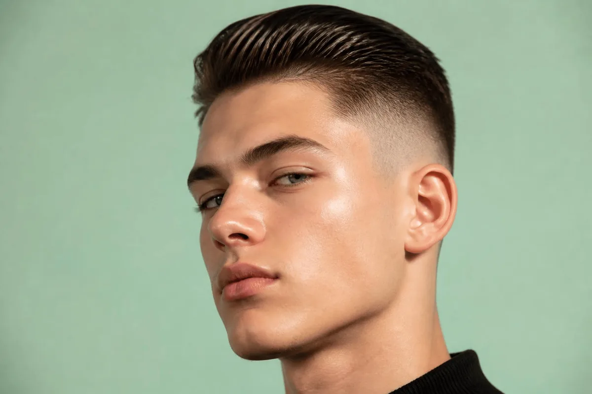 High drop skin fade on a young white man with a sharp jawline and a glossy slicked-back top against a mint green backdrop