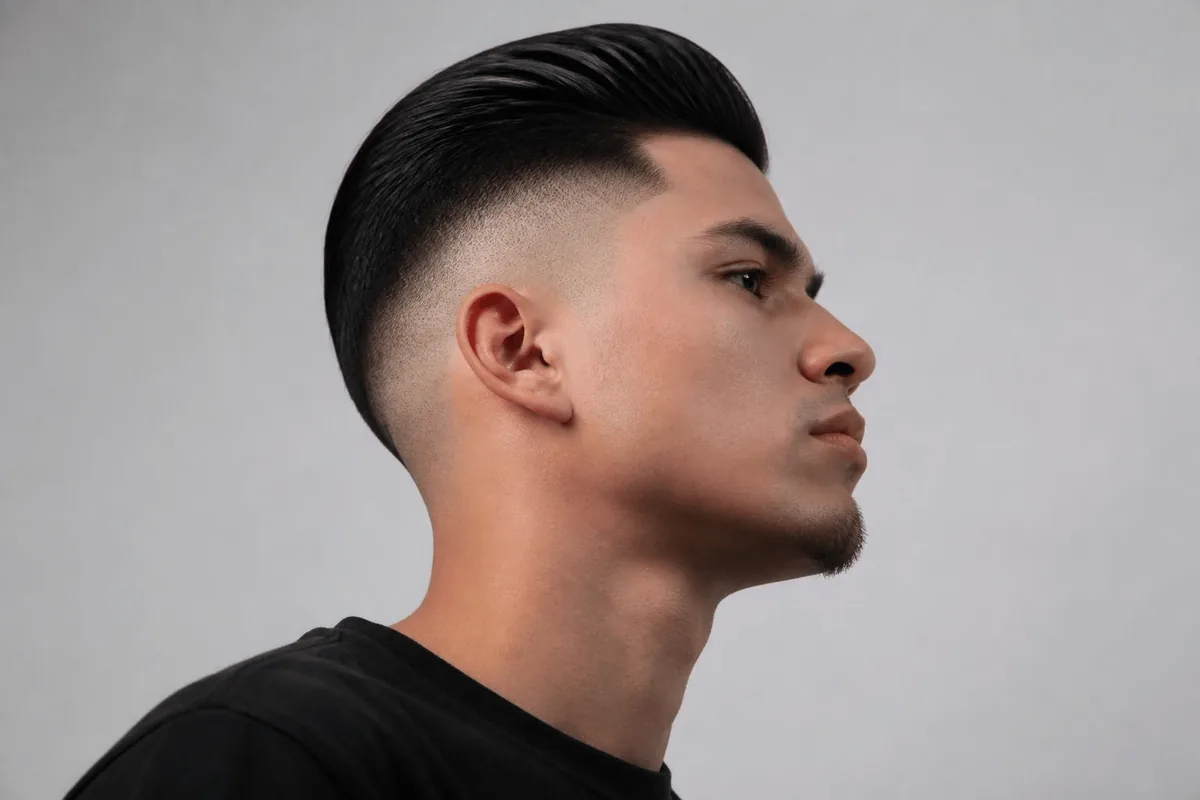 High fade haircut with a blend starting near the crown line in side profile
