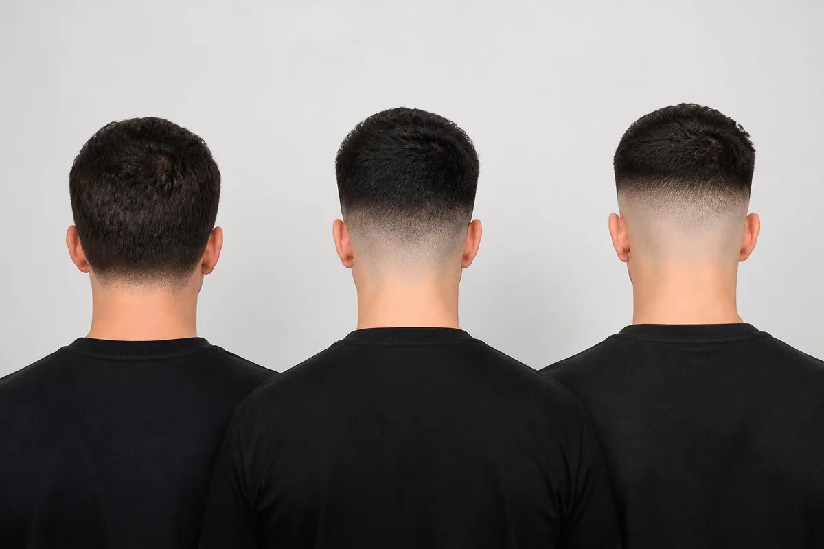 Fade haircut comparison of high fade, mid fade and low fade on three heads