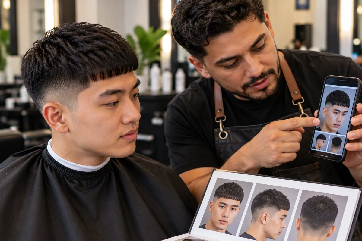 How to ask a barber for a Caesar cut: client and barber looking at a reference photo on a phone in a barbershop