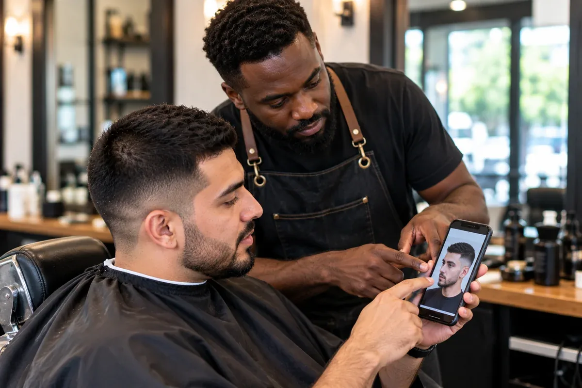 Man showing a barber a photo of a crew cut on his phone in a barber chair