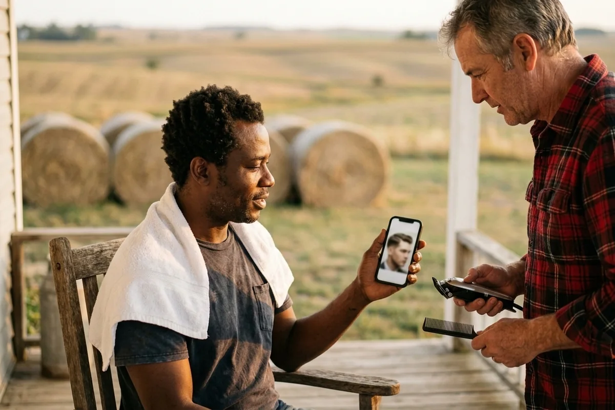 Man on a farmhouse porch showing an Ivy League cut photo on his phone to a neighbour holding clippers and a comb