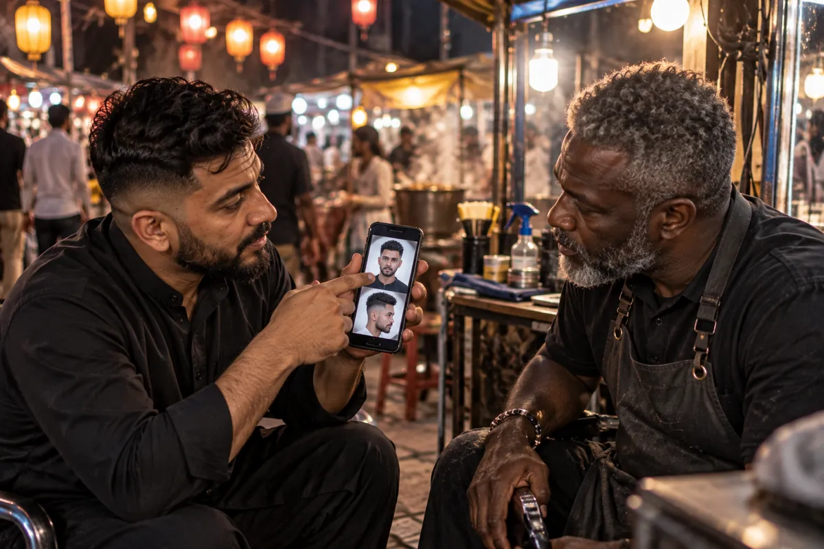 Man showing a barber two photos of a warrior cut, front and side, on his phone at a night market barber stall
