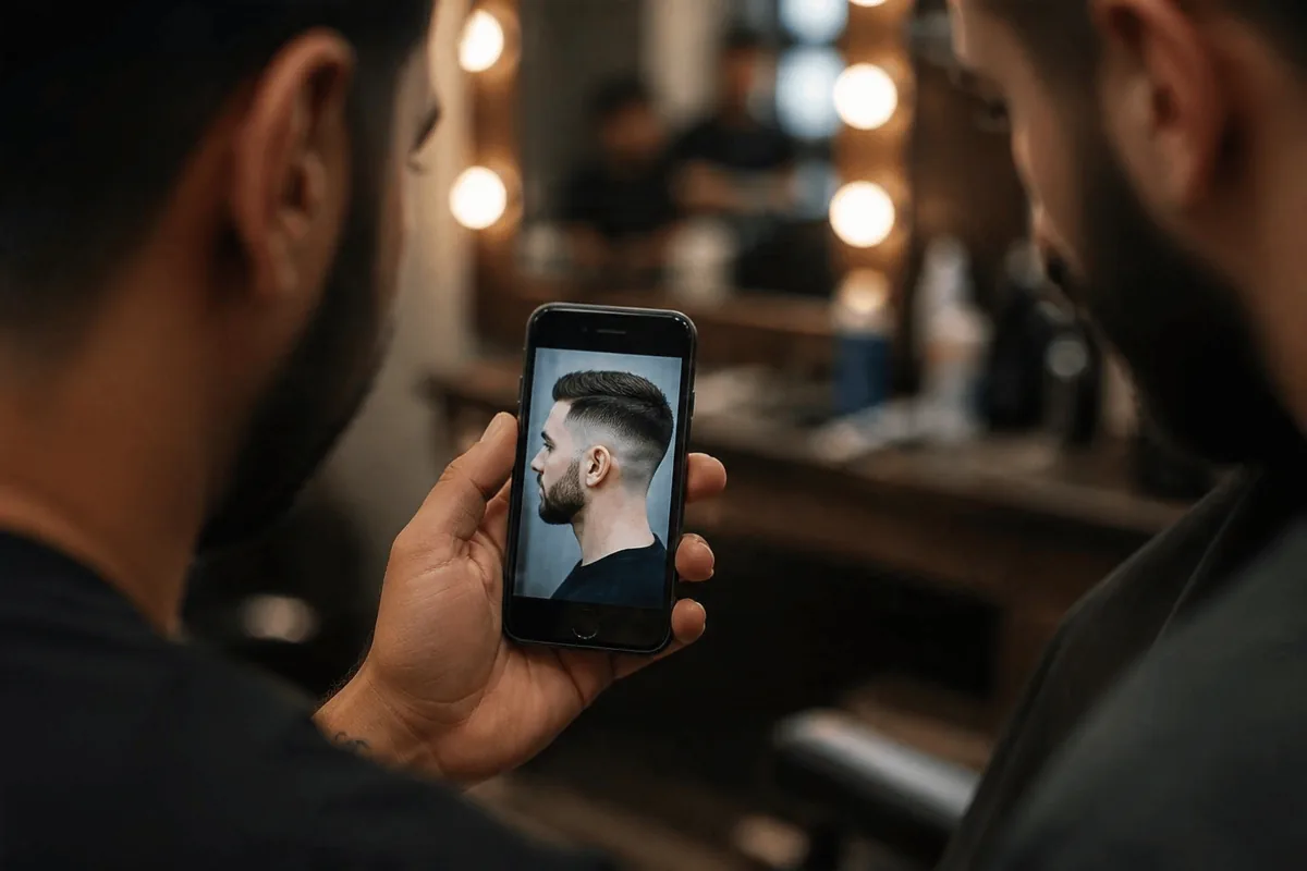 Man showing a reference photo to his barber while asking for a short haircut
