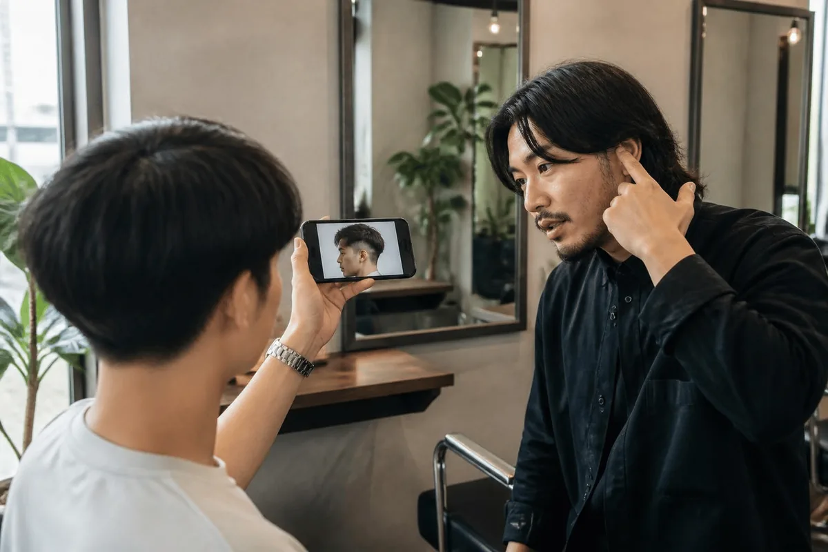 How to ask for a drop fade, client showing a reference photo on a phone to the barber