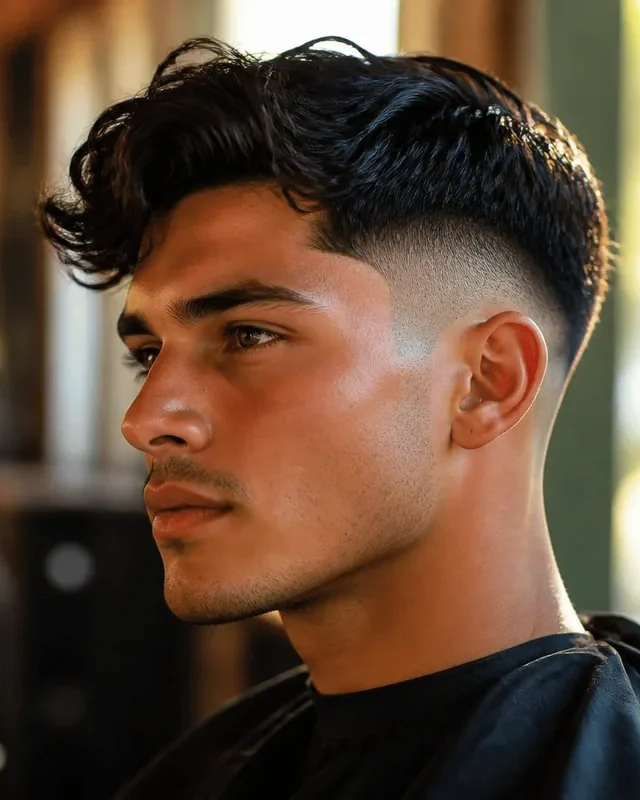 Side profile of a finished drop fade on a young man with dark wavy hair in a barbershop, the result of learning how to cut a drop fade
