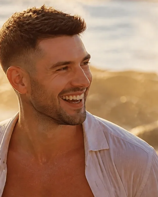 Low taper fade at home: white British man laughing on a beach with a fresh low taper fade
