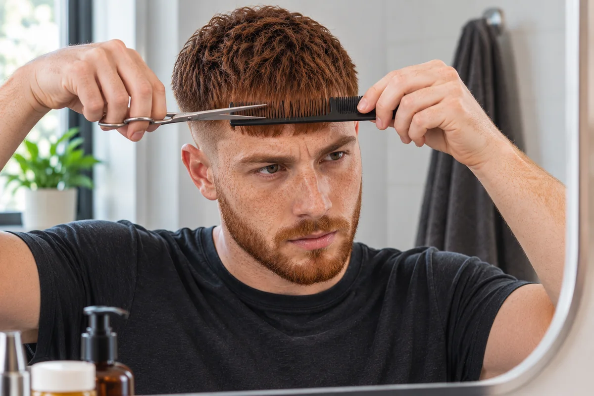 Man trimming the fringe of his French crop at home with scissors and a comb in a bathroom mirror