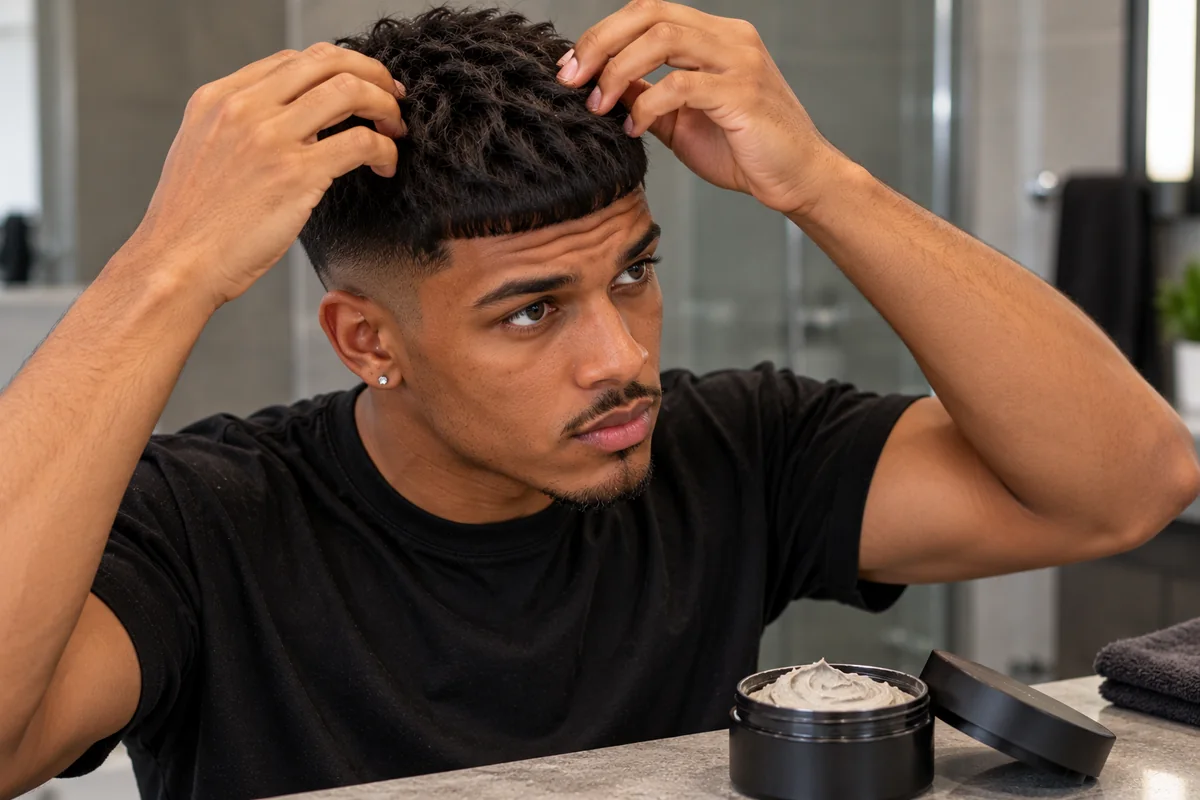 Man applying a small amount of matte clay to the fringe of his Caesar cut