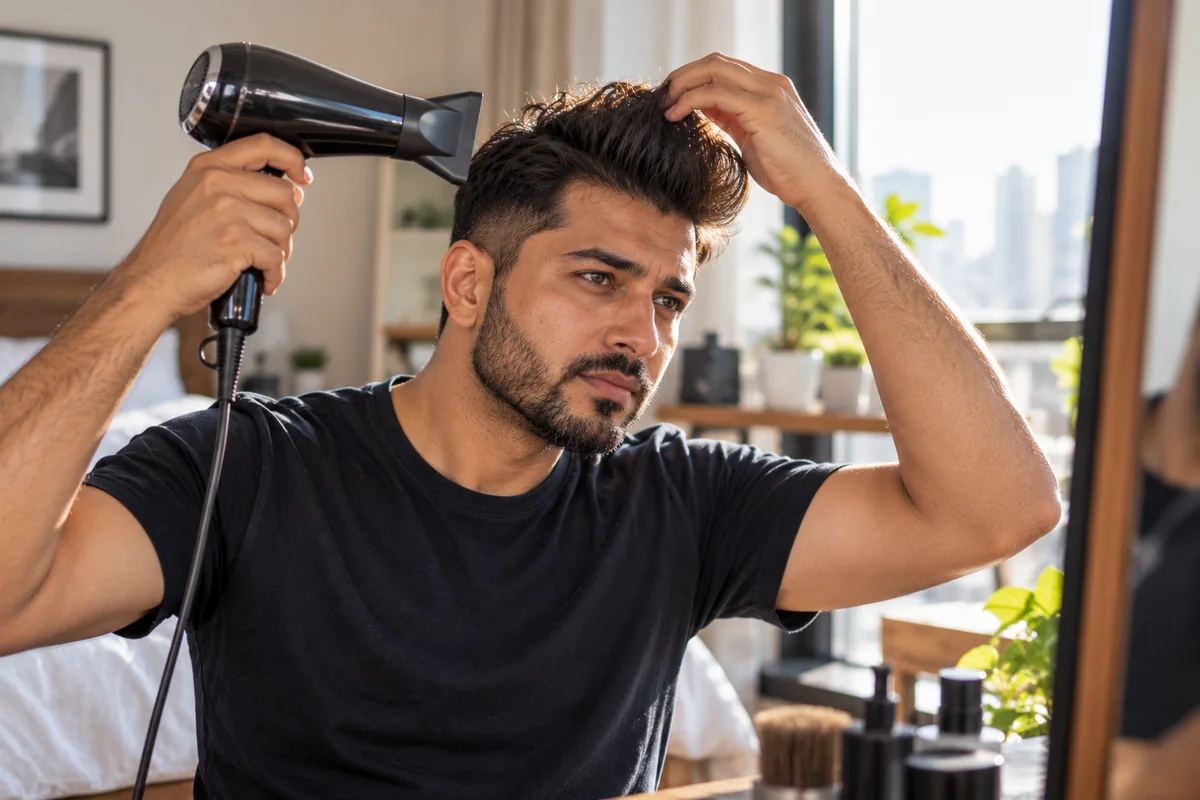 Man blow-drying the front of his quiff upward with a hairdryer and his fingers in front of a mirror
