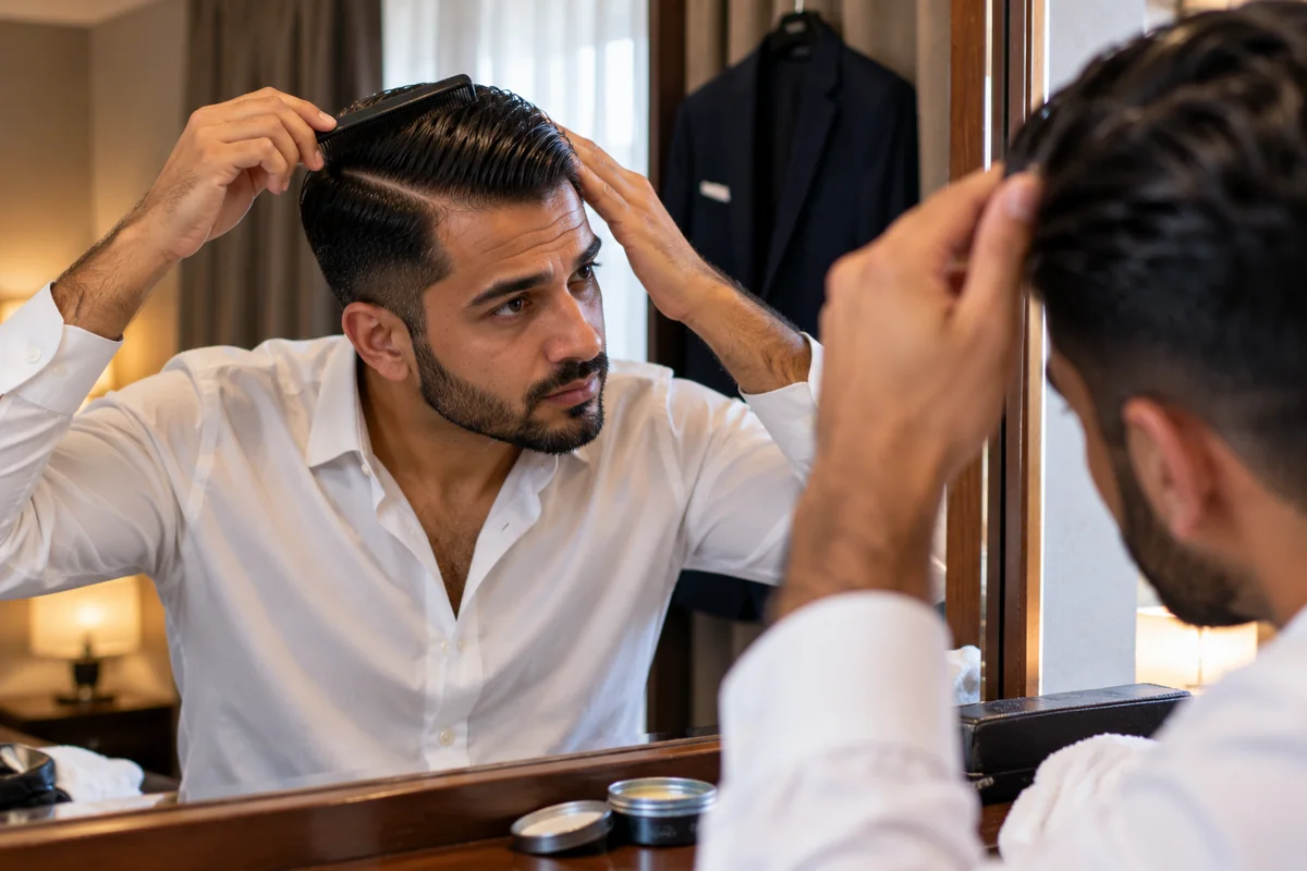 Man drawing a part line with a comb and smoothing pomade through his hair in a hotel room mirror