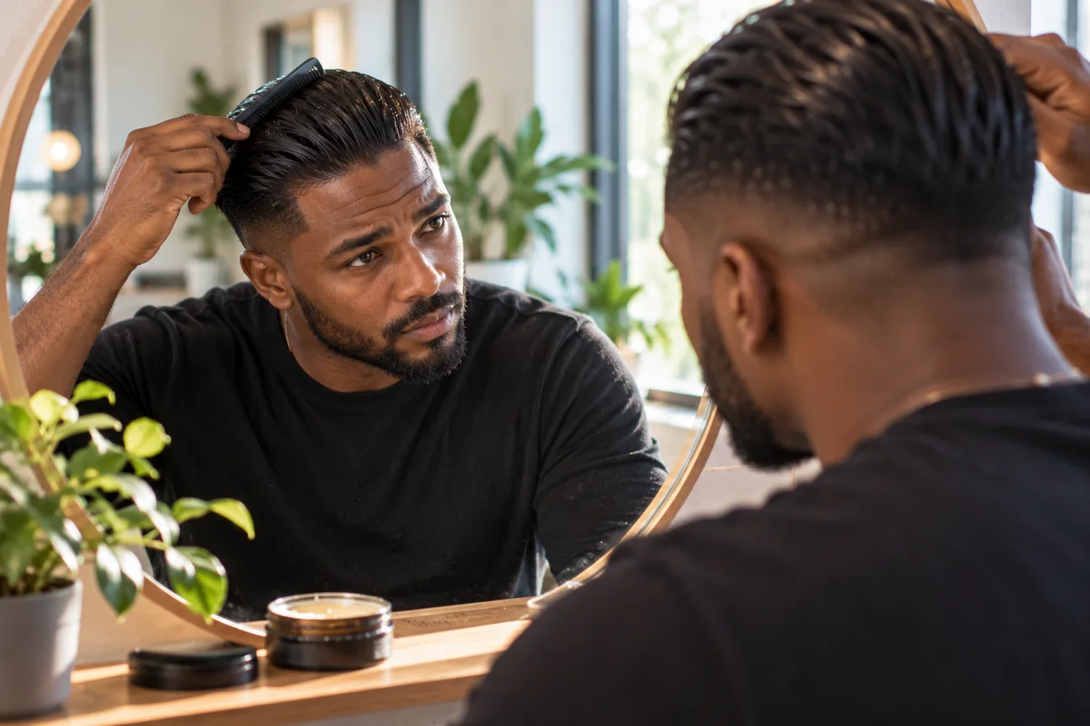 Man combing pomade through his hair straight back with a fine-tooth comb in front of a round mirror
