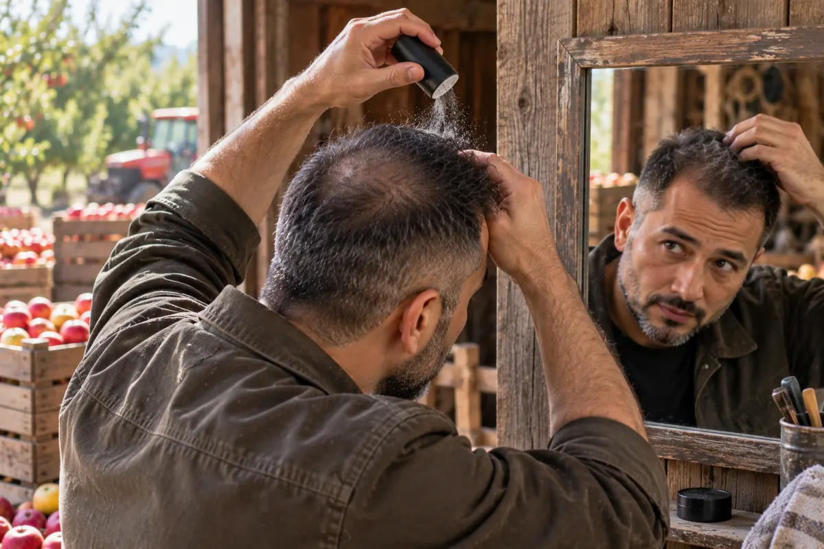 Man dusting texture powder at the roots of his short thinning hair in a barn mirror at an apple orchard