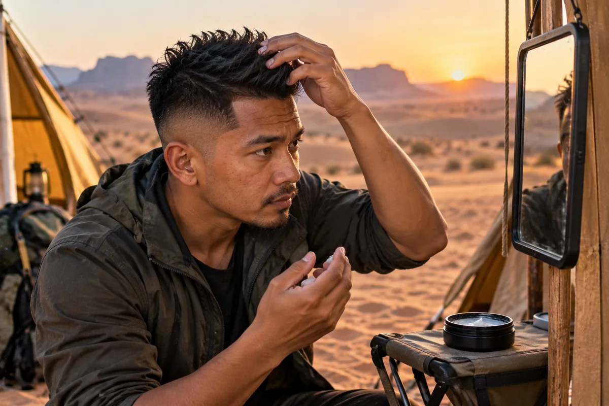 Man working matte clay through the raised center of his warrior cut with his fingertips