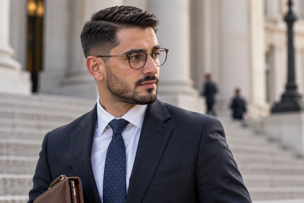Man in a suit and glasses with a neat Ivy League cut and a soft side part at an office desk