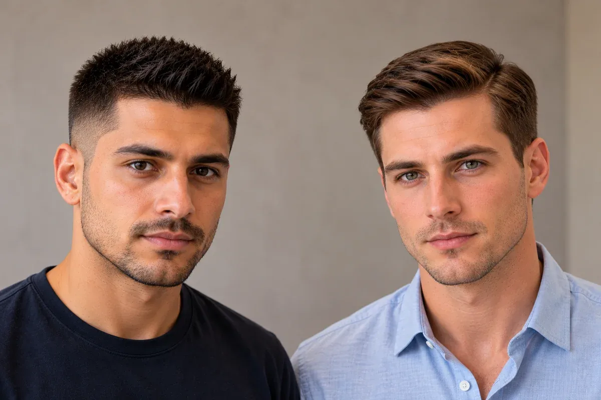 Two men comparing an Ivy League cut and a crew cut, showing the longer combable top on the left