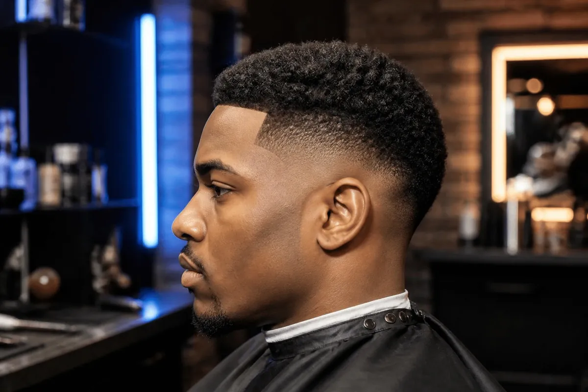 Low taper fade for Black men with coily hair and a sharp edge-up