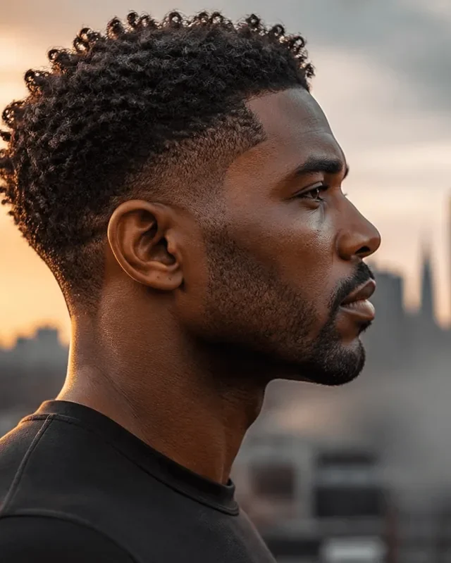 Black man with defined curls on top and a low taper fade, side profile on a city rooftop