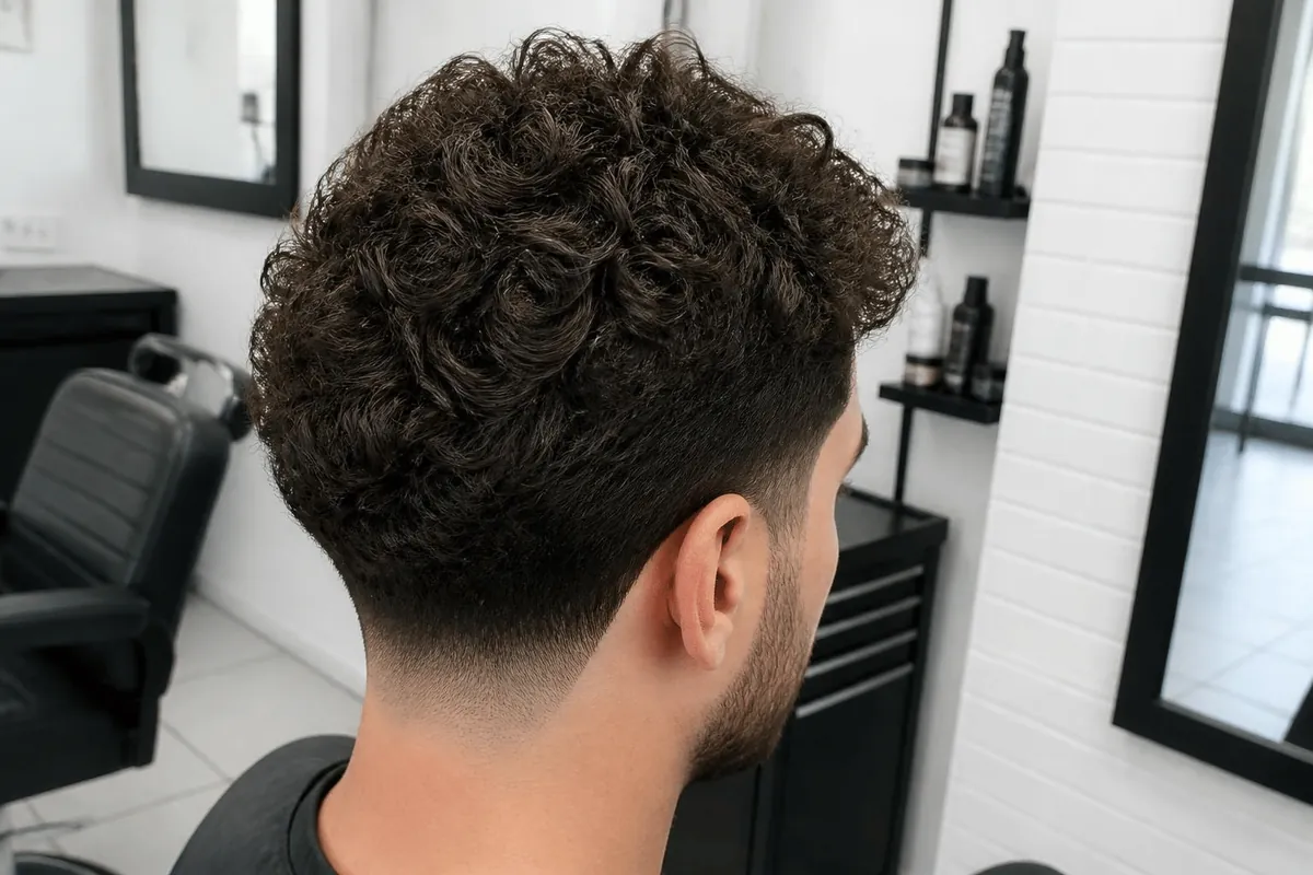 Low taper fade on curly hair seen from the back with a soft neckline
