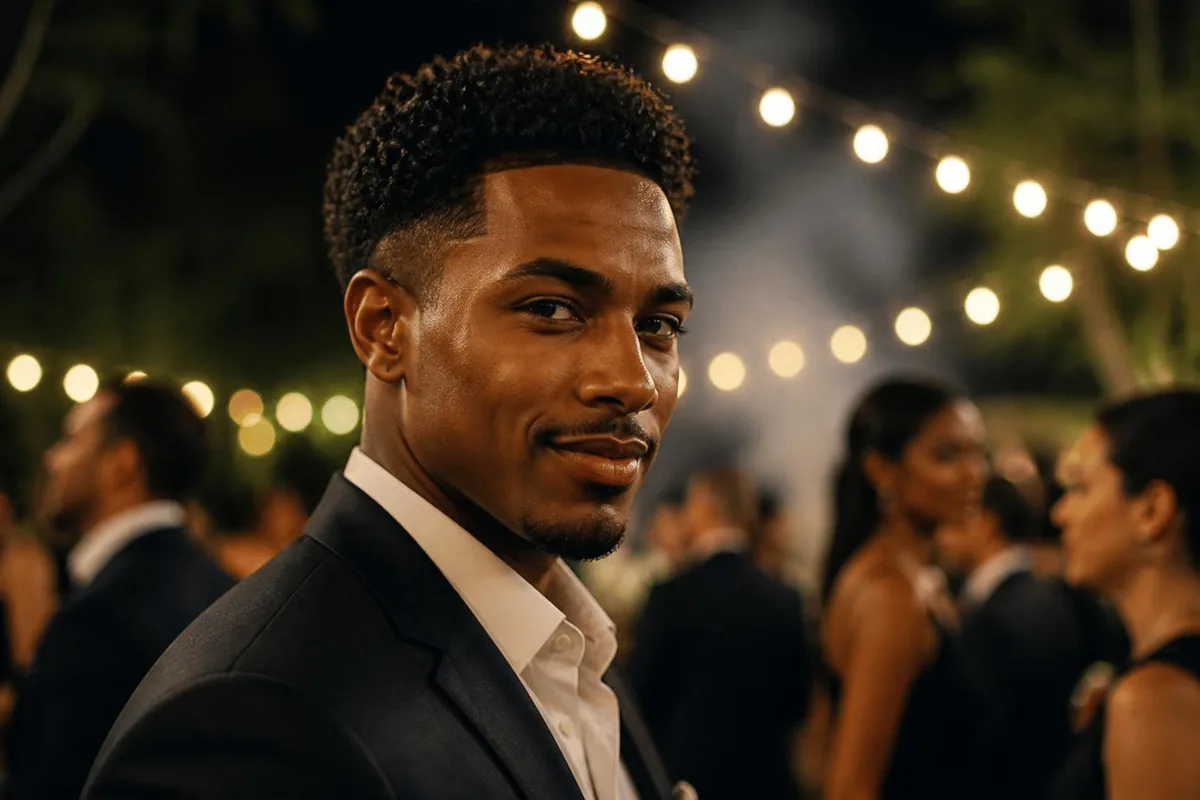 Low taper fade curly hair wedding