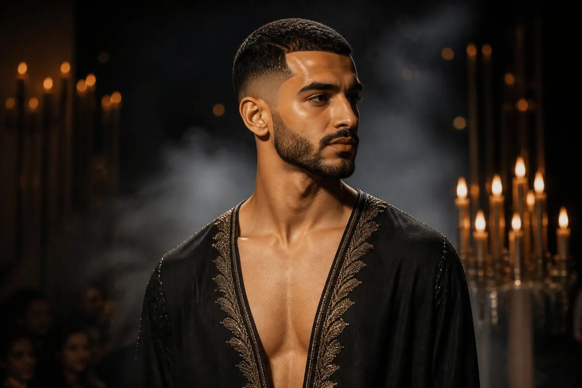 Curved stepped temple shape on a low taper fade, Middle Eastern man in warm candlelight