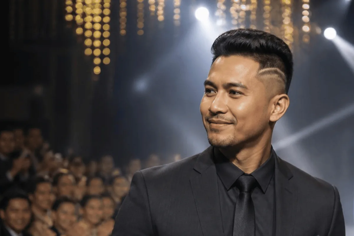 Fresh low taper fade with design and a thin line cut, man in a tailored suit at a formal event