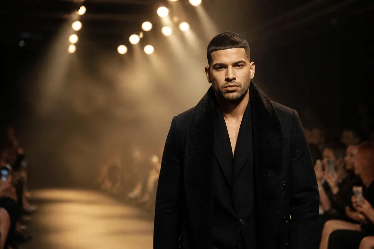 Clean edge-up on a low taper fade, Latino man walking a runway under warm lights