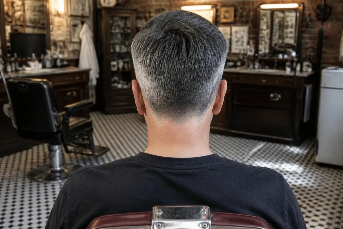 Low taper fade on grey hair for men over 40 seen from the back