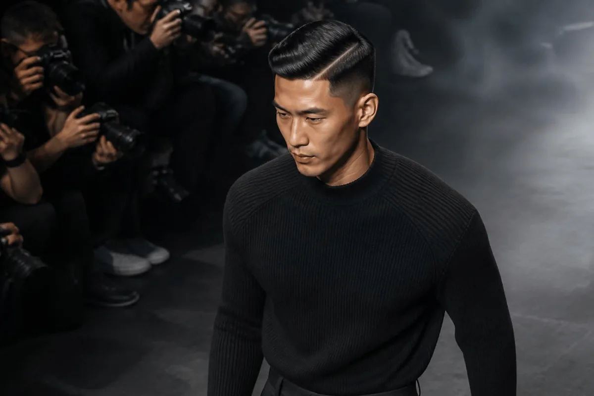 Hard part razor line on a low taper fade, East Asian man on a runway